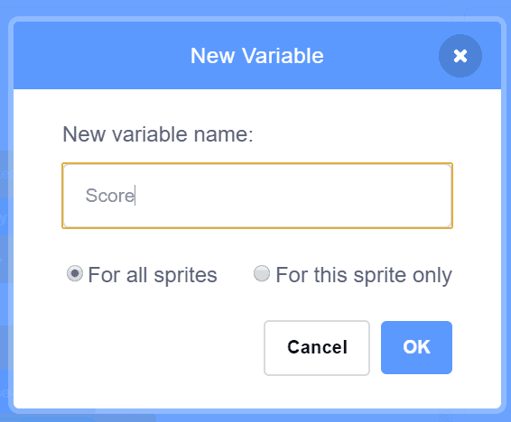 Creating a new variable in Scratch.
