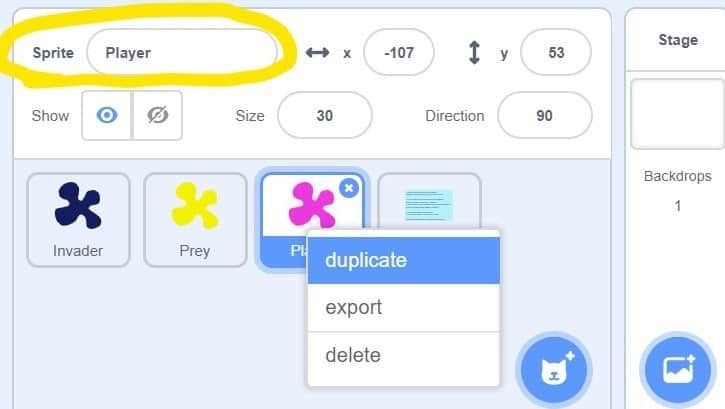 "Sprite: Player" circled in yellow in the Scratch interface.