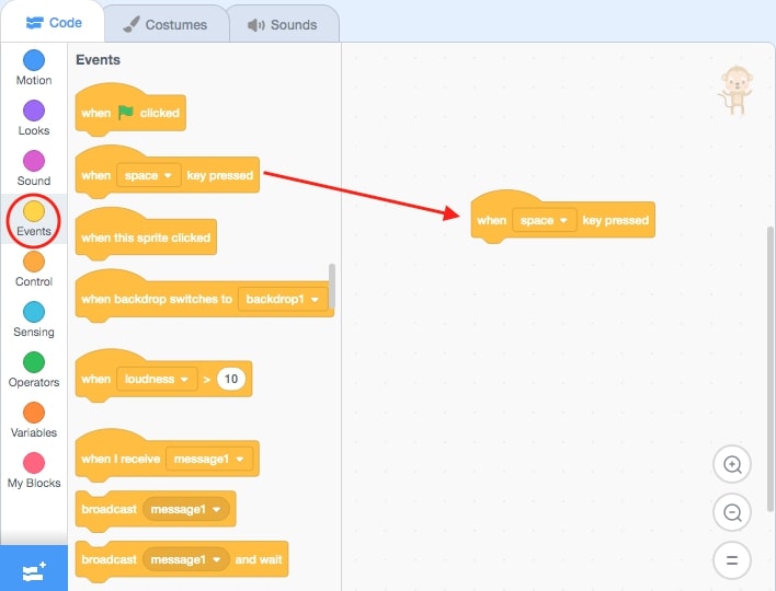 Events block When Space Clicked is dragged into the scripting area.