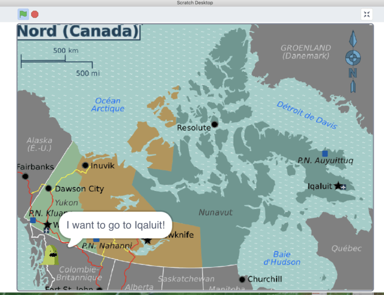 Block code in Scratch with Critter on a map of Nunavut saying "I want to go to Iqaluit!"