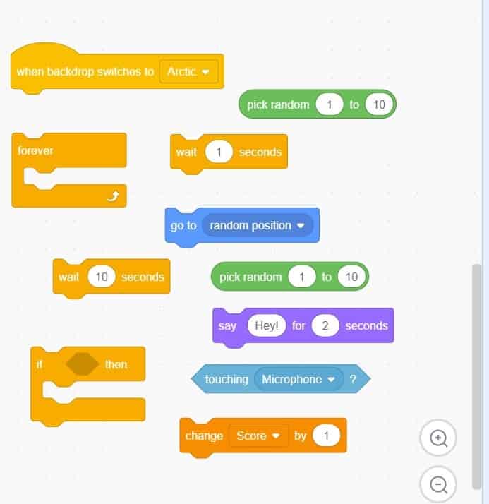 Scratch code blocks scattered on the code board.