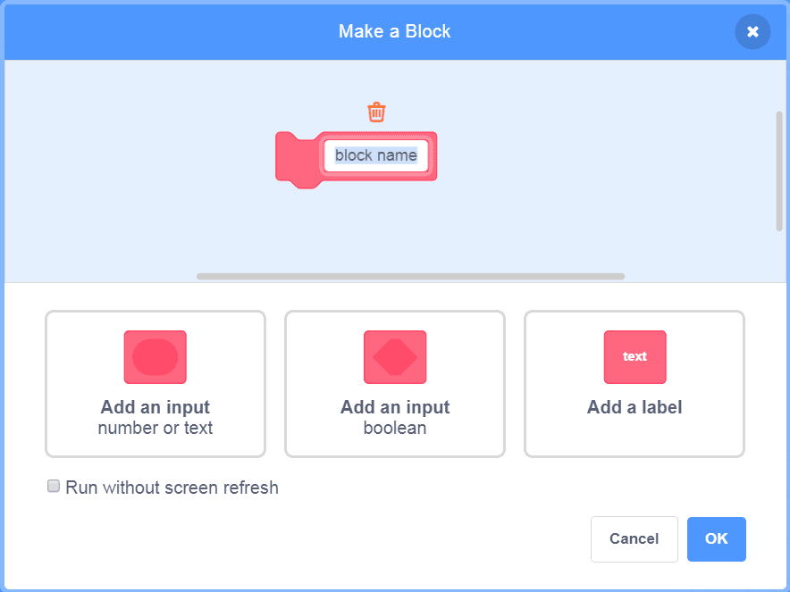 Make a block in Scratch window.