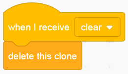 Block code in Scratch "when I receive clear, delete this clone"