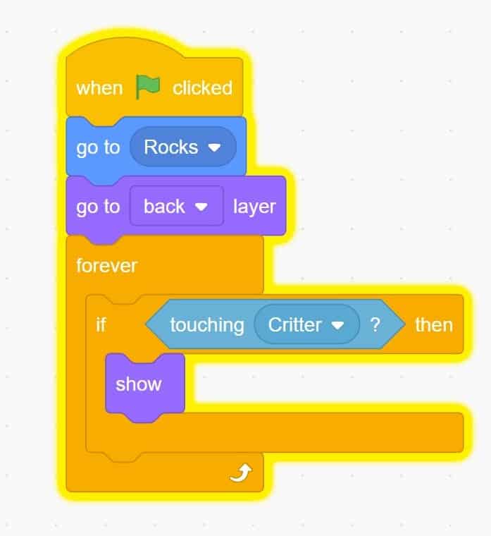 Scratch code blocks highlighted yellow.