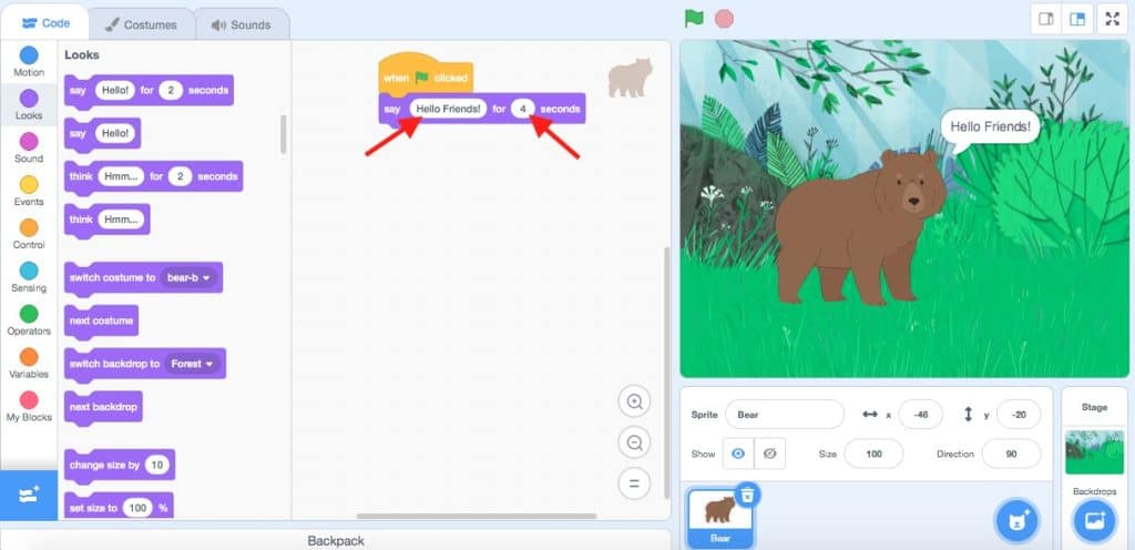 A Looks code block "Say Hello Friends! for 4 seconds" attached to a "When green flag clicked" Events block.