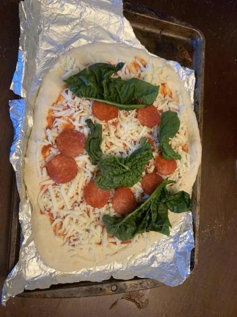 Pizza with toppings.