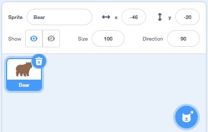 The Bear Sprite selected in the sprite panel in Scratch.