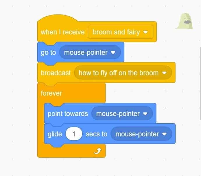 A stack of code in Scratch.