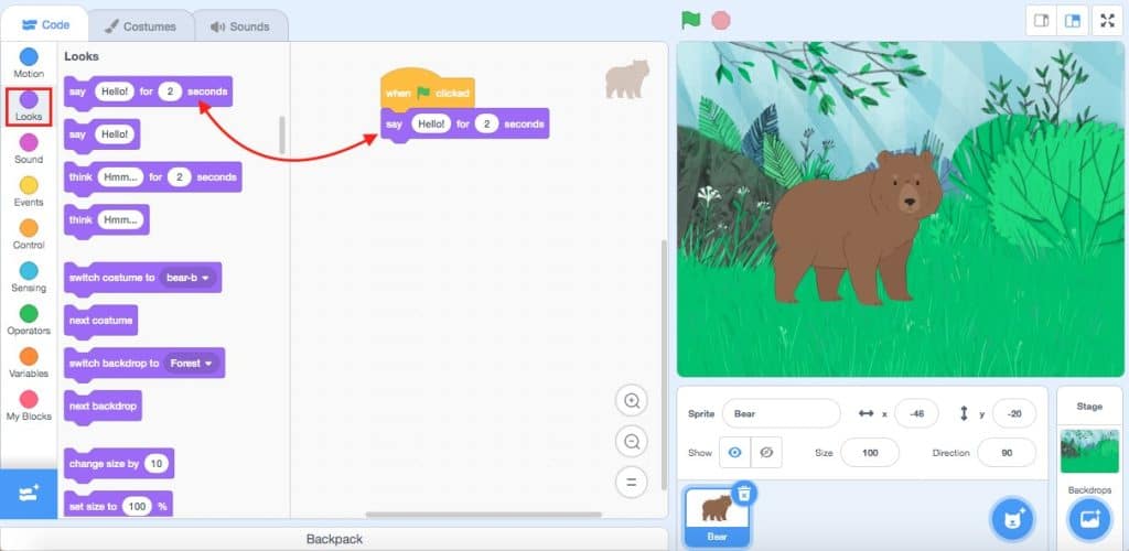 A "Say Hello" block from the Looks category connected under the "When green flag clicked" block in the Scratch code window.