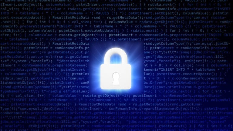 Glowing lock on background of binary code.