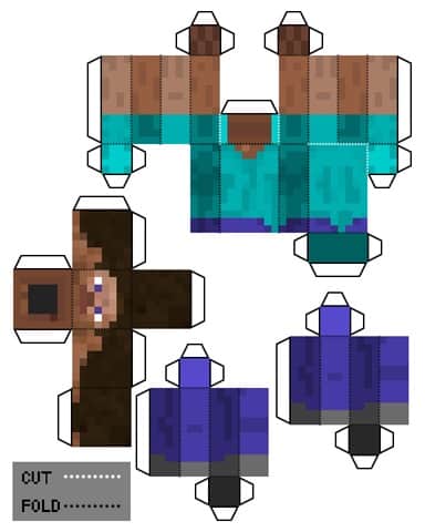 A Minecraft skin template that has dotted line to cut and fold to make a character.