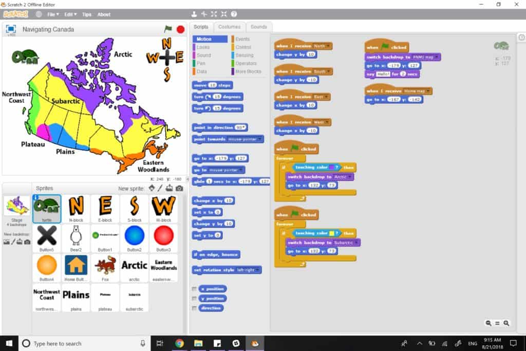 A completed Scratch project showing a number of logic blocks as well as a full map that is coloured to the various regions of Indigenous geographic areas including the Artic, the Subartic, the Northwest Coast, the Plateau, the Plains and the Eastern Woodlands.
