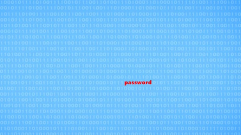 The word "password" revealed in red, surrounded by lines of binary code.