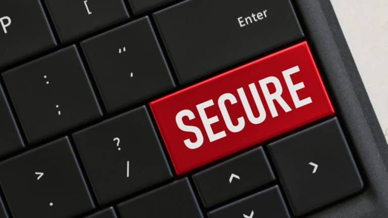 Keyboard with a large red key that reads "SECURE".