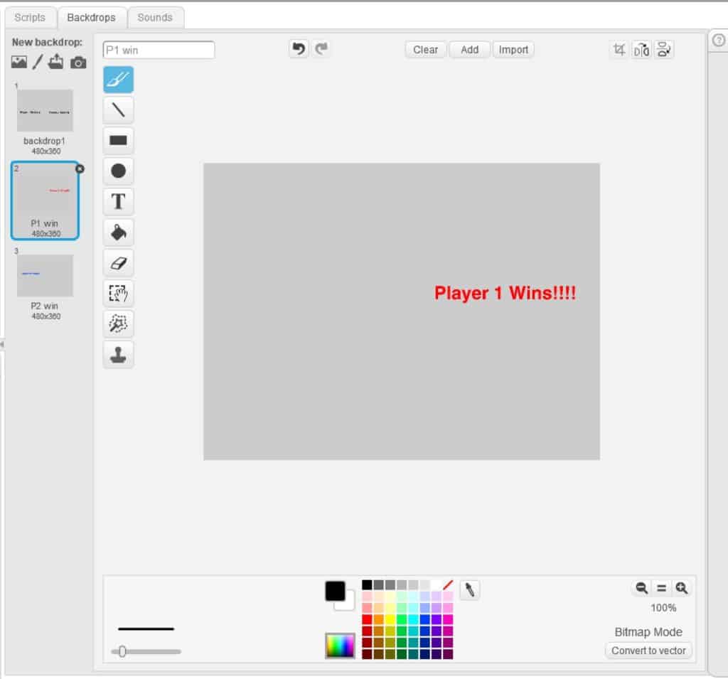 Player 1 winner backdrop being edited.