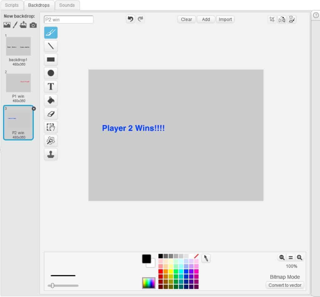 Player 2 winner backdrop being edited.