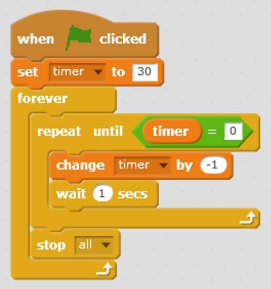 A block of instructions that counts down from 30 seconds.