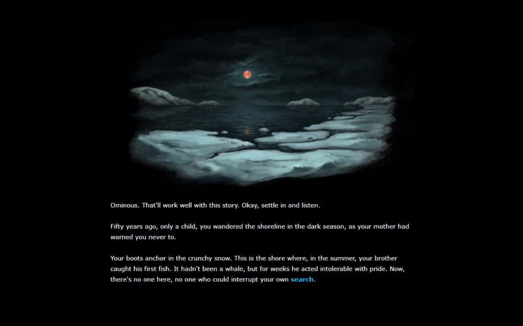 Beneath Floes showing an illustration of an icy shoreline above the story’s text.