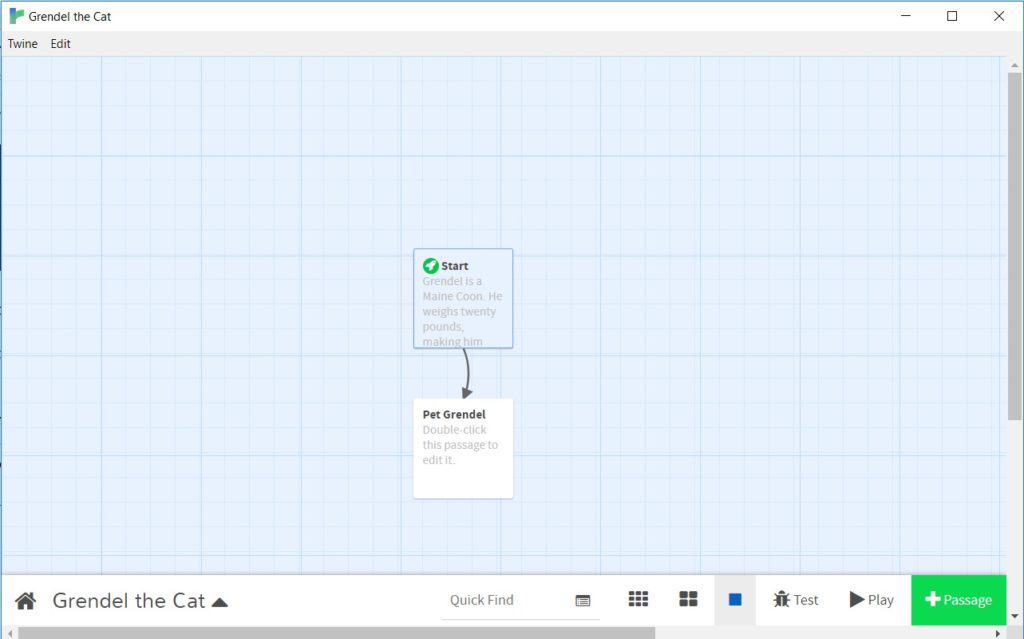 The Twine editor screen showing two passages with a line connecting them.