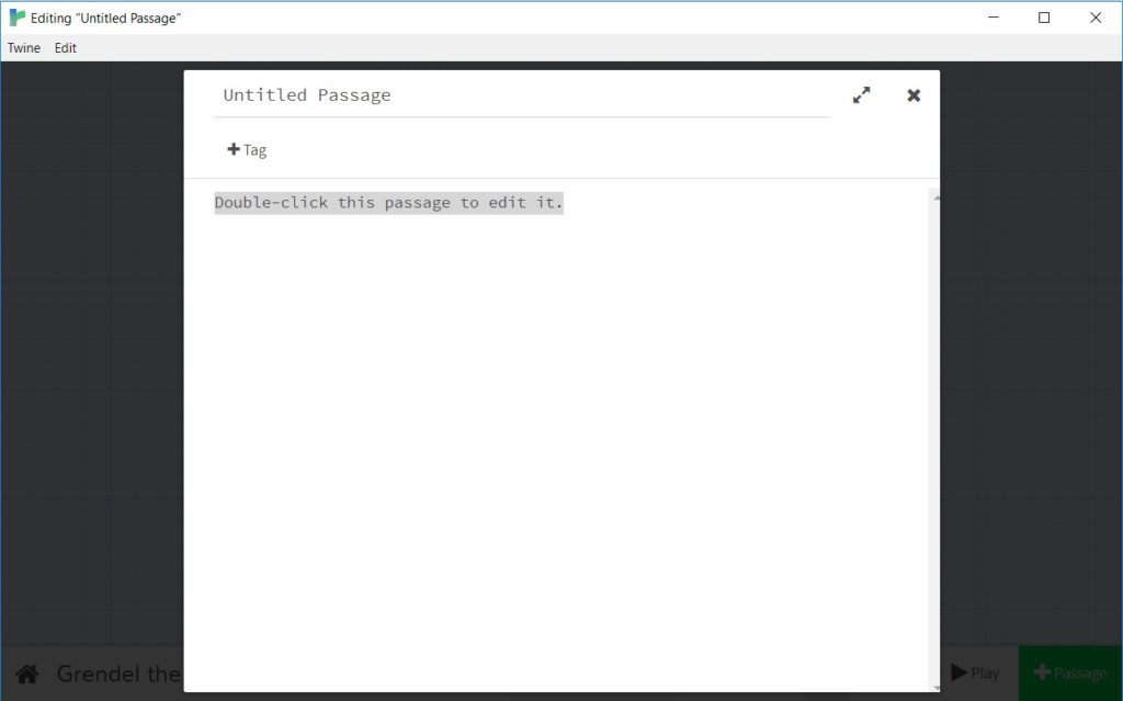 The passage window in Twine showing default text fields.