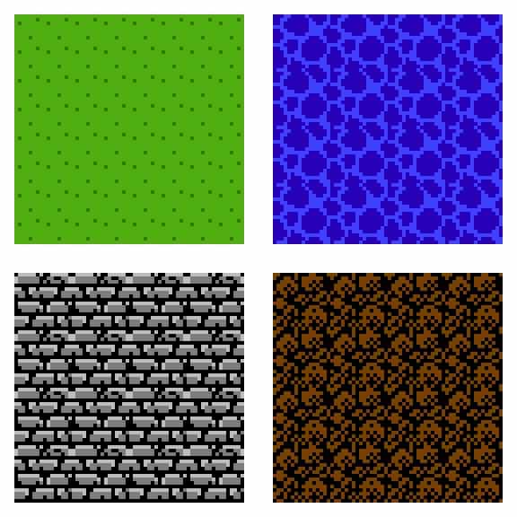 Seamless tiles of grass, water, and bricks for the NES-era.