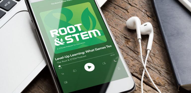Smart phone with a set of headphones displaying "Root & STEM podcast" cover art.