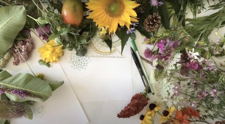 Flowers laid out on a white piece of paper.