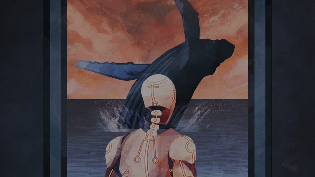 Artwork of a robot looking at an image of a whale.