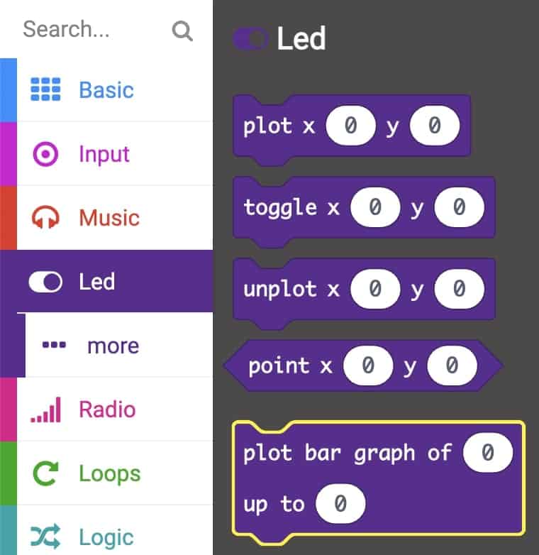 LED tab selected with  “plot bar graph of 0 up to 0” block highlighted