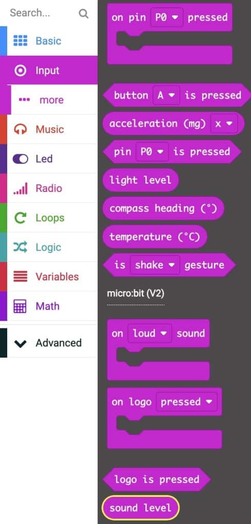 Input Tab selected with ‘Sound Level’ block highlighted