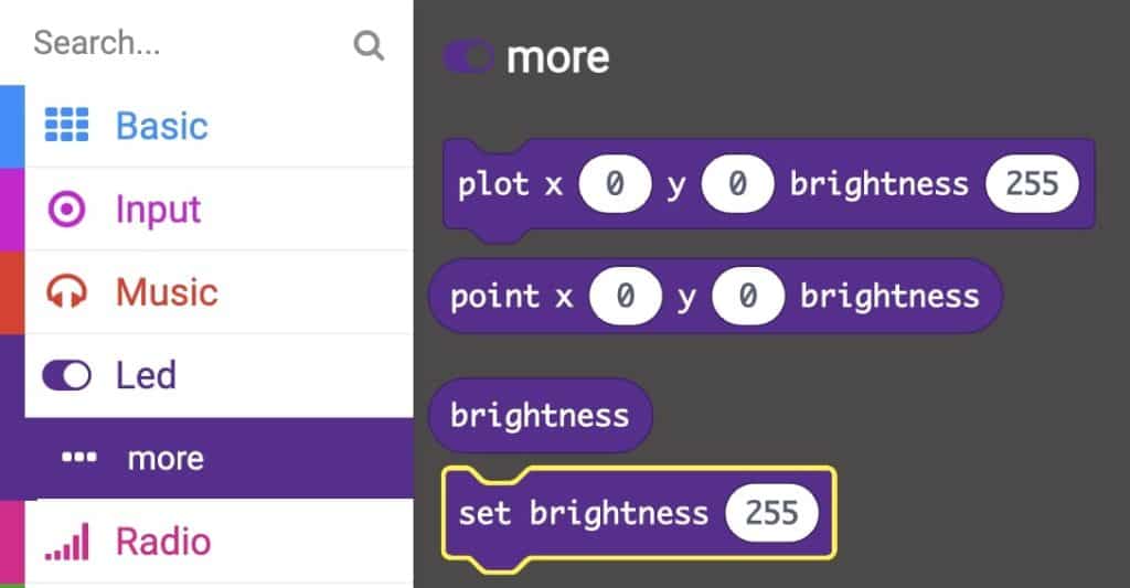 More tab selected with ‘Set brightness 255’ block highlighted