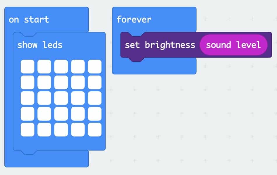 ‘On Start’ Loop with ‘Show LEDs’ block inside with all the LEDs clicked on. Beside it is a ‘Forever’ loop with a  ‘Set brightness ‘Sound Level’ block inside