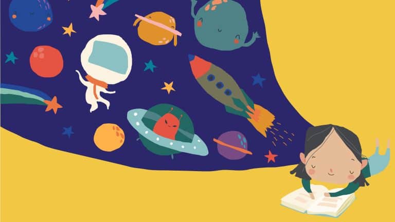 Person reading a book with dreamy imagery of space on a yellow and purple background - Envato license 5H97QPSAW4