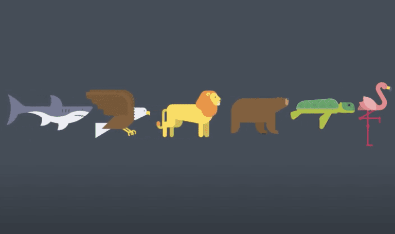 Different animals lined up.