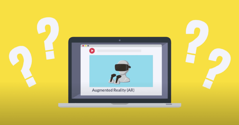 A computer animation on a yello background. The bottom of the computer reads Augmented Reality with a robot above it.