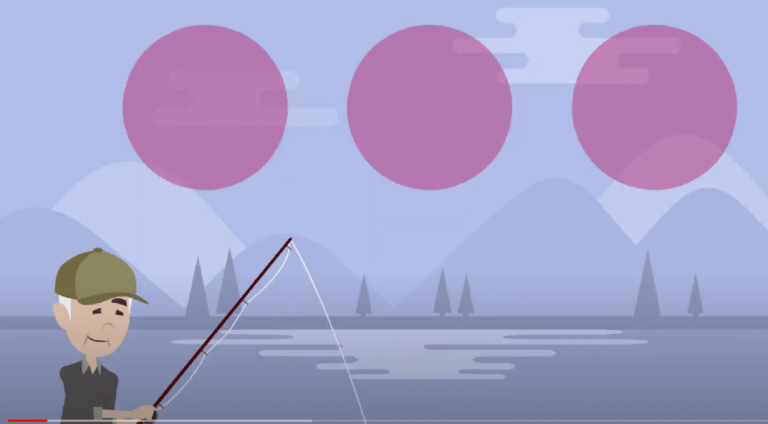 An animated drawing with three circles iin the sky, and an elderly man holding a fishing rod.