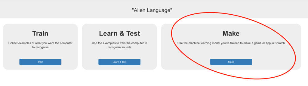 Scratch interface with the word Make circled.